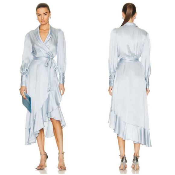 💕ZIMMERMANN💕 Silk Wrap Midi Dress ~ Ice Blue US 6 NWT - Picture 5 of 16